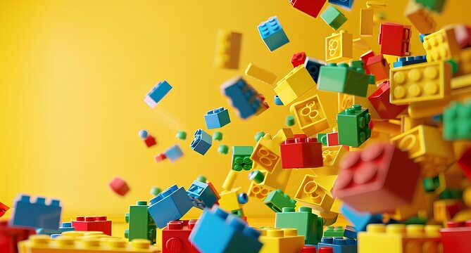 A colorful of bricks floating in the air, creating abstract and playful composition on yellow background create visual depth evoking fun, creative feelings. children's toys and building blocks.