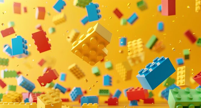 A colorful of bricks floating in the air, creating abstract and playful composition on yellow background create visual depth evoking fun, creative feelings. children's toys and building blocks.