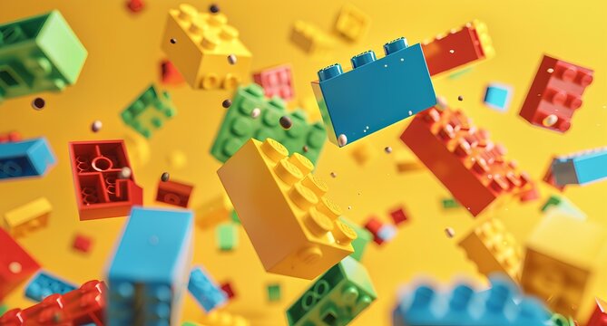 A colorful of bricks floating in the air, creating abstract and playful composition on yellow background create visual depth evoking fun, creative feelings. children's toys and building blocks.