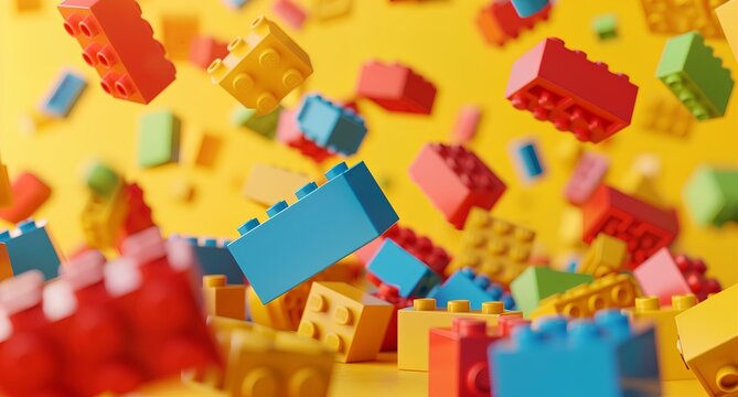 A colorful of bricks floating in the air, creating abstract and playful composition on yellow background create visual depth evoking fun, creative feelings. children's toys and building blocks.