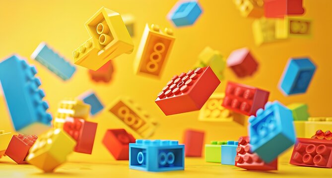 A colorful of bricks floating in the air, creating abstract and playful composition on yellow background create visual depth evoking fun, creative feelings. children's toys and building blocks.