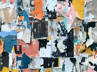 Fototapeta premium Abstract collage of torn paper and painted textures, design elements and the gritty feel of city streets, street art or urban graffiti, evoke feelings like creativity, curiosity, nostalgia, mystery.
