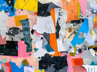 Abstract collage of torn paper and painted textures, design elements and the gritty feel of city streets, street art or urban graffiti, evoke feelings like creativity, curiosity, nostalgia, mystery.