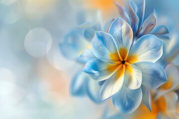 Abstract floral background with blue, yellow and white petals in motion on light pastel color background. Minimalistic concept of elegant flower in extreme close-up view