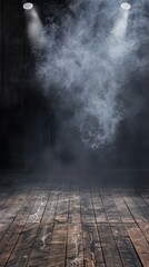 Dramatic Wooden Background with Smoke and Spotlights.