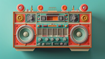 Vintage cassette player with radio, retro design, analog control panel, nostalgic audio equipment