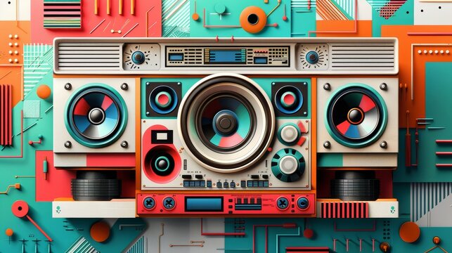Vintage vector illustration of retro washing machine drum as futuristic audio player interface