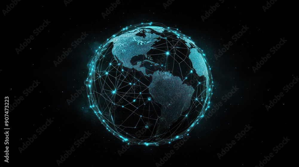 Poster a glowing blue earth with a digital network overlay against a starry background