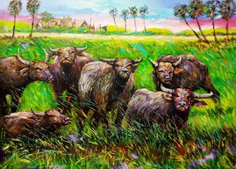 hand painted original impressionism art painting oil color  thailand countryside