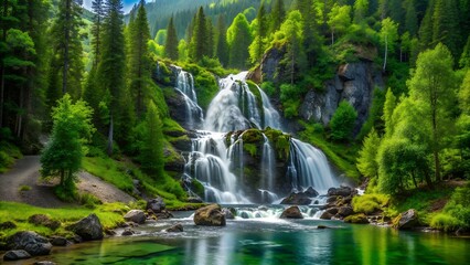 Emerald Cascades: A Symphony of Green in the Altai Mountains  Generative AI