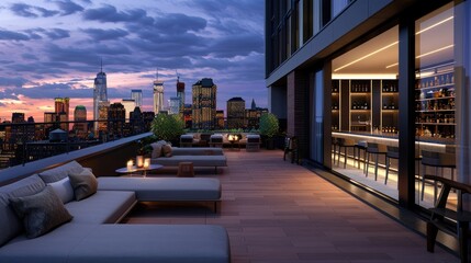 Obraz premium A modern terrace lounge with a stylish bar area, comfortable daybeds, and a stunning view of a vibrant city skyline at dusk.