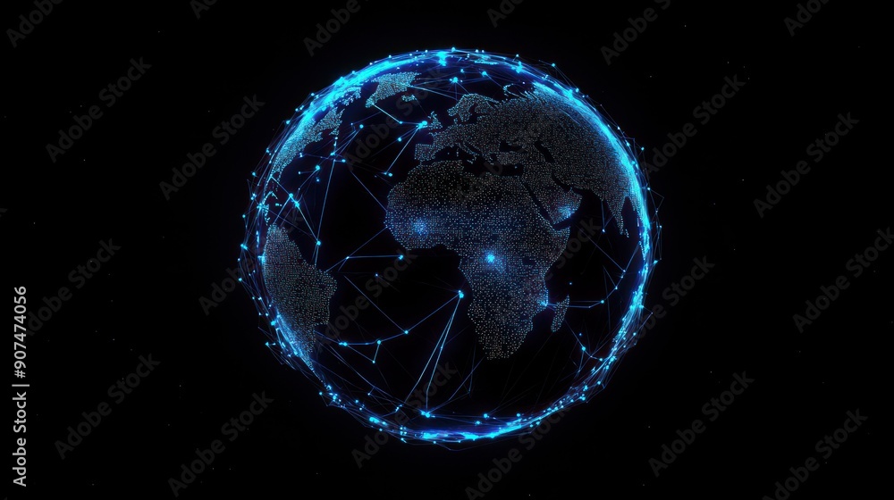 Poster Digital representation of the Earth with glowing blue lines and dots, representing connectivity.