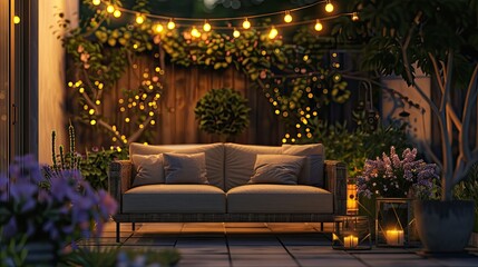 Obraz premium Rattan sofa on the courtyard of the house in a beautiful evening with garden lights