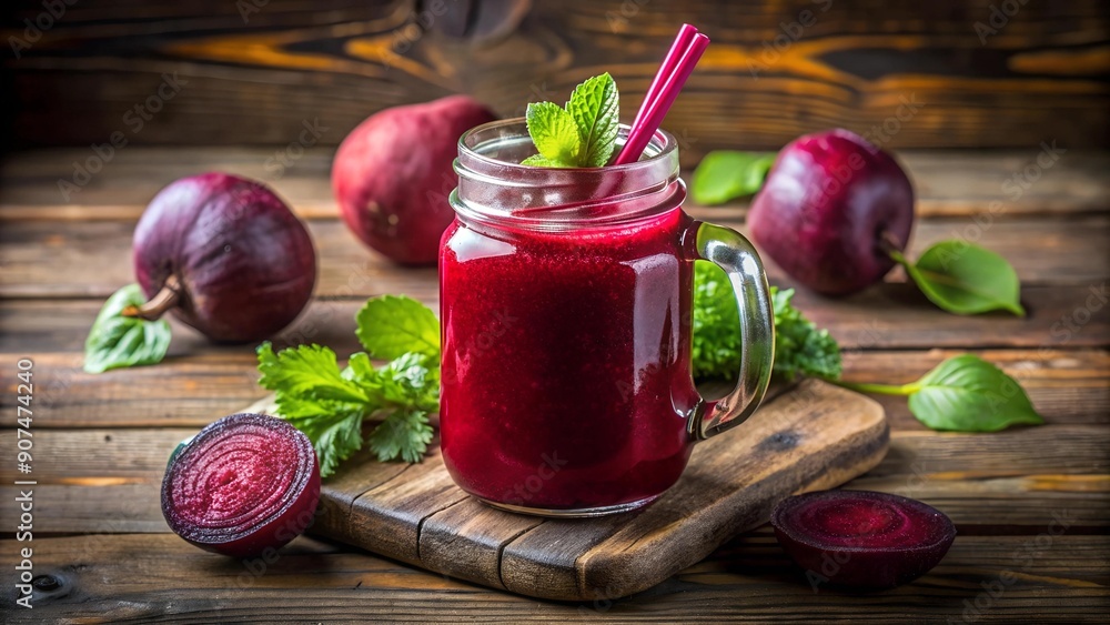 Poster a splash of ruby: beetroot smoothie in a glass jar generative ai