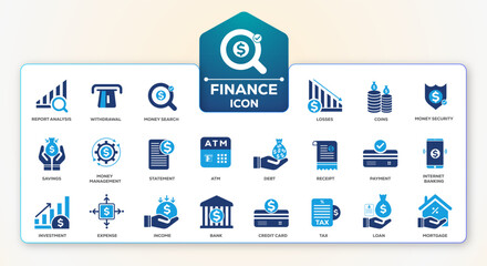 Finance icon collection. cash, saving, financial goal, budget, money search, bank, investment icons. Solid icon set. EPS