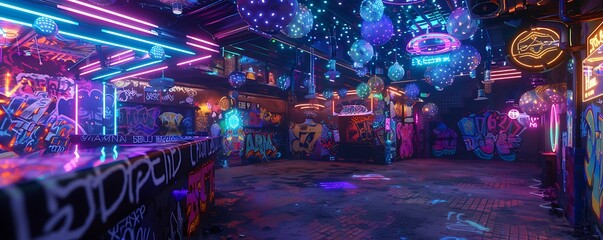 An underground cyberpunk club, with pulsating lights, holographic decorations, and neon graffiti covering the walls.