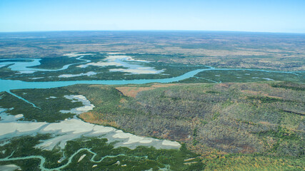 Landscape in Lawley River National Park with the meandering Lawley River, Western Australia, aerial...
