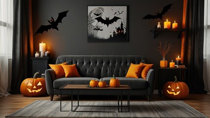 Halloween themed living room interior with sofa and pumpkins