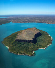Steep Head Island in the blue waters of Admiralty Gulf, East Kimberly, Western Australia, aerial view