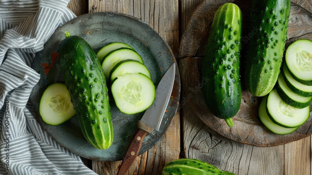 Poster cucumbers on rustic plates with knife towel and wooden table from above