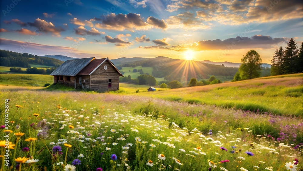 Poster sun-drenched meadow with rustic farmhouse generative ai