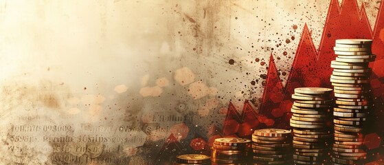 Downward trend symbolized by red graph arrow and descending coin stacks representing financial loss and market decline, with ample copy space for business and economic concepts