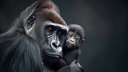 Fototapeta premium A silverback gorilla cradles its infant offspring.