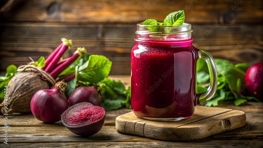 Poster a splash of ruby: beetroot smoothie in a glass jar generative ai