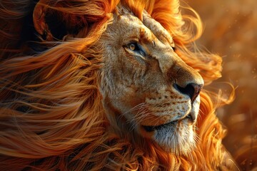 Fototapeta premium A photorealistic portrait of a majestic lion, capturing its power and presence.