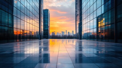 Reflective Glass Buildings with Sunset Skyline