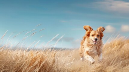 Lively Skipperke bounding through a grassy field, with its compact form and alert expression under a clear blue sky.