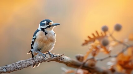 Obraz premium A woodpecker takes flight from a moss-covered log, the forest floor vibrant with color.