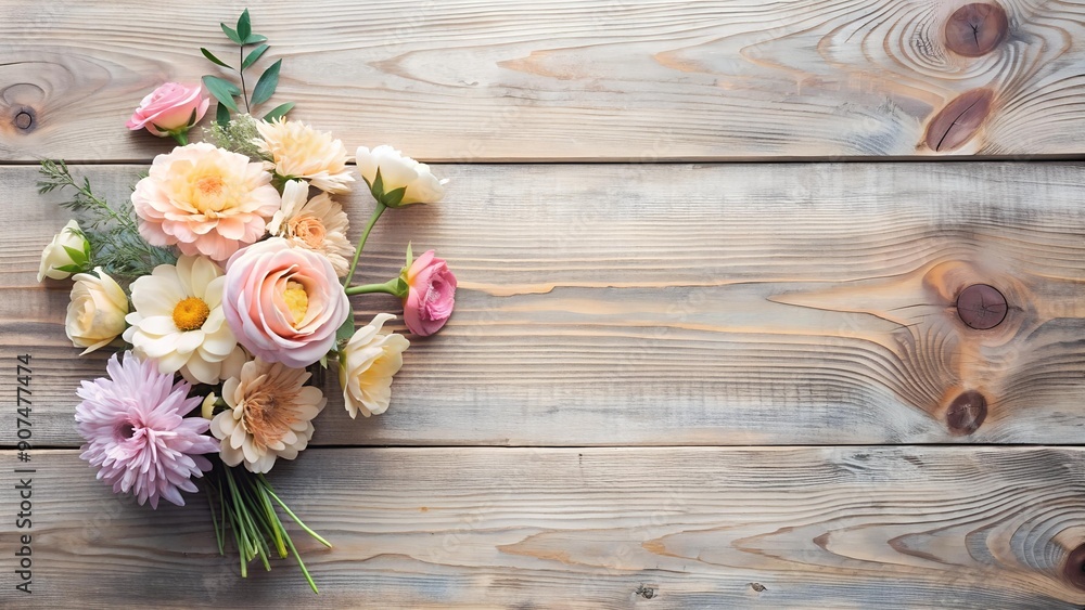 Poster Serene Floral Display on Rustic Wood  Generative AI
