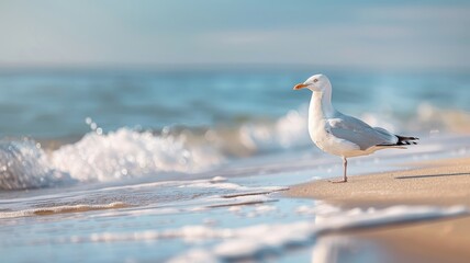 A seagull stands on a sandy beach, its feathers ruffled by the sea breeze, with footprints in the sand.
