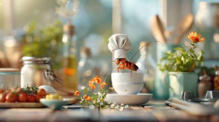 A cockroach chef prepares a gourmet meal in a miniature kitchen.