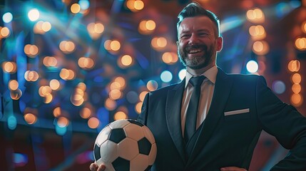 smiling businessman in formal wear with soccer ball in the big stage