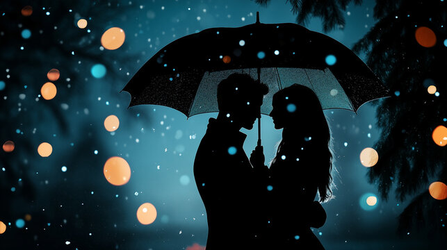 silhouette of a couple under an umbrella in winter