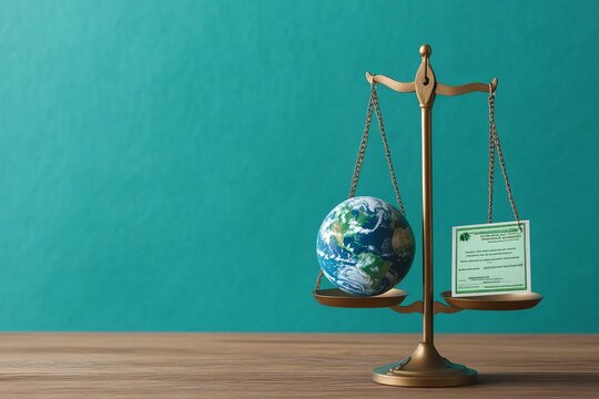 A balance scale with Earth on one side and a carbon credit certificate on the other, Carbon credits, environmental balance