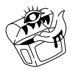 A hand drawn icon of spooky box with demon tongue and eye  