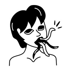 Doodle style icon of evil woman with creepy tongue 