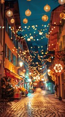 Cobblestone Street Adorned with Festive Lights.