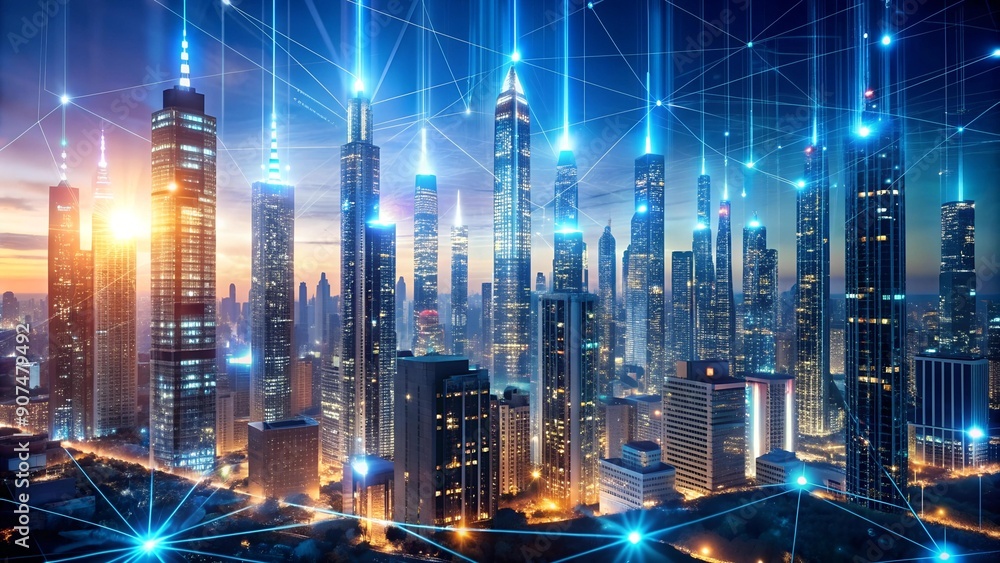 Poster cybernetic cityscape: a symphony of binary light ai generated