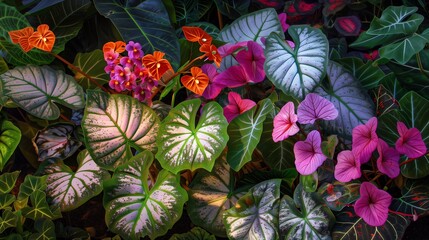 Naklejka premium A Tapestry of Tropical Delights: Vibrant caladium and orchid blooms weave a tapestry of color and texture in a lush, sun-dappled garden.