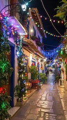 Fototapeta premium Festive alleyway at night with twinkling lights.