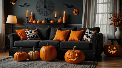 Obraz premium Interior of living room decorated for Halloween with sofa and pumpkins