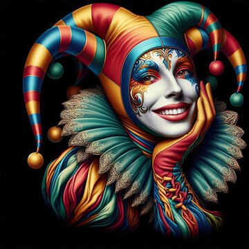 Portrait of a medieval female Jester isolated on black background.