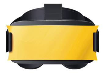 VR headset with blank yellow sticker isolated on transparent background.
