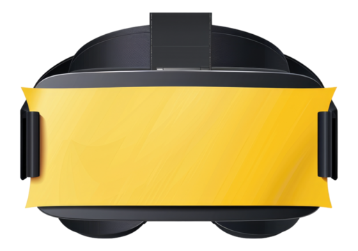 VR headset with blank yellow sticker isolated on transparent background.