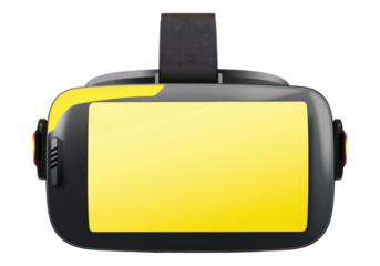 VR headset with blank yellow sticker isolated on transparent background.