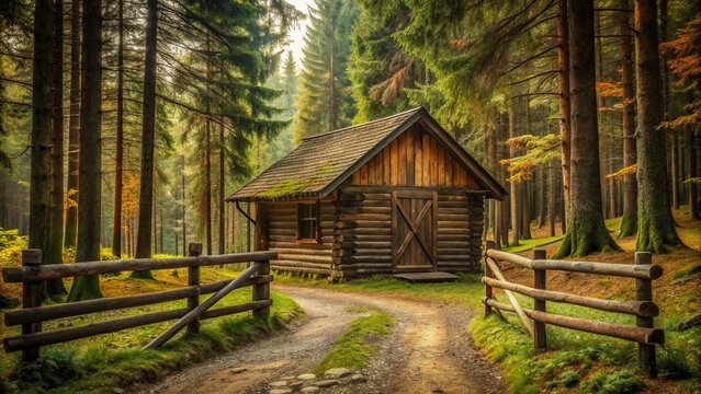 A rustic cabin in the woods, surrounded by an invisible barrier that separates the normal world from a parallel reality.